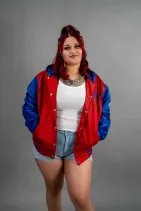 Classic Nylon Jacket 3 Reign Gear women's red and blue nylon hooded varsity letterman jacket