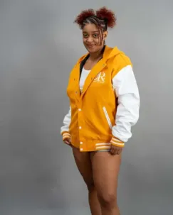 Reign Gear women's yellow and white hooded varsity letterman jacket