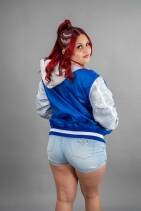 Classic Nylon Jacket 6 Reign Gear women's blue and white nylon hooded varsity letterman jacket