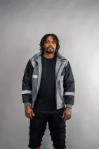 Industrial Work Jacket 5 Model wearing the Reign Gear black and gray industrial work jacket