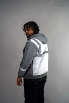 Industrial Work Jacket 18 Model wearing the Reign Gear gray and white industrial work jacket