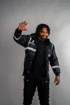 Industrial Work Jacket 9 Model wearing the Reign Gear black and gray industrial work jacket
