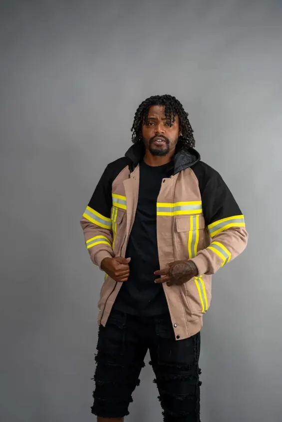 Reflective Work Jacket 1 Model wearing the Reign Gear reflective industrial work jacket