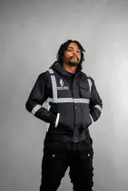 Industrial Work Jacket 11 Model wearing the Reign Gear black reflective industrial work jacket