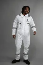 Water-Repellent Coveralls | Industrial Workwear by Reign Gear LLC 5 Front view of Reign Gear white water-repellent reflective work coveralls