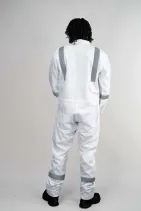 Water-Repellent Coveralls | Industrial Workwear by Reign Gear LLC 6 Rear view of Reign Gear white water-repellent reflective work coveralls