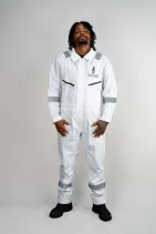 Water-Repellent Coveralls | Industrial Workwear by Reign Gear LLC 4 Model wearing Reign Gear white water-repellent reflective work coveralls