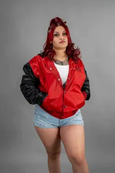 Classic Nylon Jacket 8 Reign Gear women's red and black nylon hooded varsity jacket