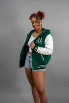 Classic Varsity Jacket 40 Reign Gear women's green and white water-repellent hooded varsity jacket