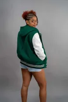 Classic Varsity Jacket 42 Reign Gear women's green and white water-repellent hooded varsity jacket