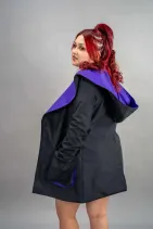 Two Tone Trench Coat 3 Reign Gear women's black and purple hooded varsity jacket