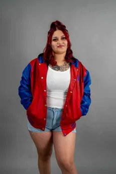 Classic Nylon Jacket 3 Reign Gear women's red and blue nylon hooded varsity letterman jacket