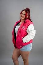 Zipper Varsity Jacket (Copy) 9 Reign Gear women's pink and white water-repellent zipper hooded varsity jacket.