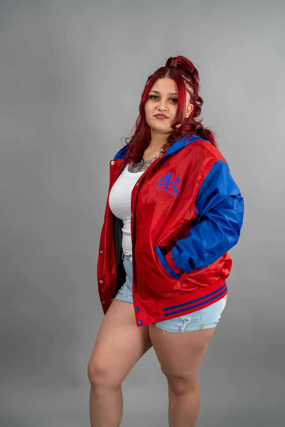 Classic Nylon Jacket 1 Reign Gear women's Classic Nylon Jacket in red and blue