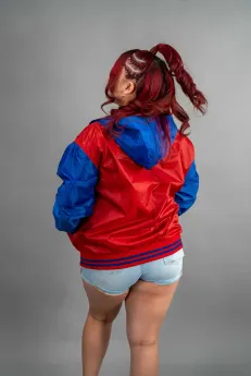 Classic Nylon Jacket 4 Reign Gear women's red and blue nylon hooded varsity letterman jacket