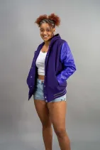 Classic Varsity Jacket 27 Reign Gear women's purple and blue water-repellent hooded varsity jacket