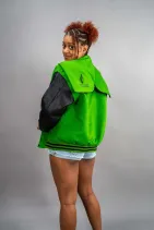 Zipper Varsity Jacket 13 Reign Gear women's green and black zip detachable hooded varsity letterman jacket