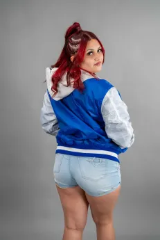 Classic Nylon Jacket 6 Reign Gear women's blue and white nylon hooded varsity letterman jacket