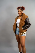 Classic Varsity Jacket 3 Reign Gear women's brown and black hooded varsity letterman jacket