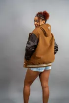 Classic Varsity Jacket 4 Reign Gear women's brown and black hooded varsity letterman jacket